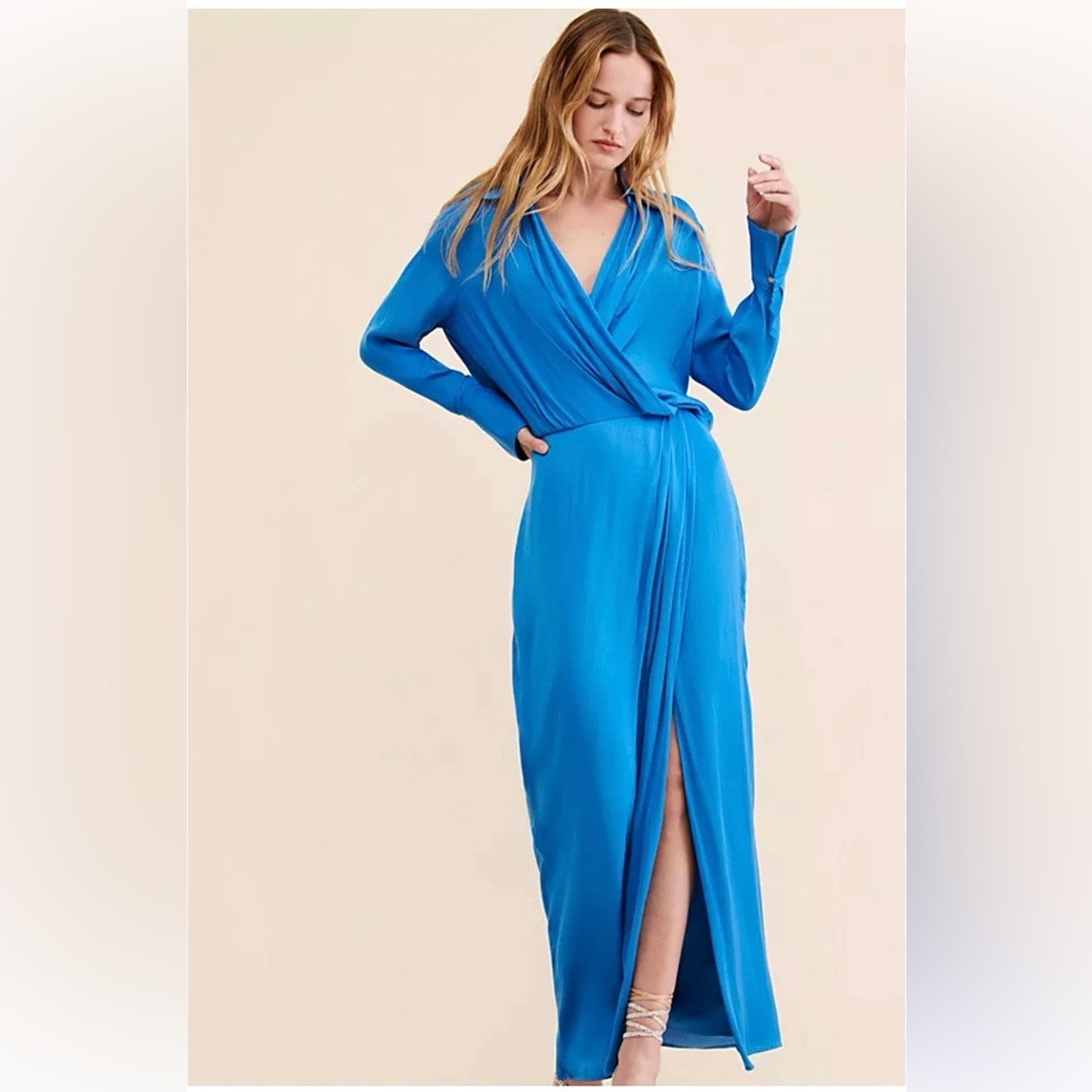 Free People Aida Collared Long Sleeve Silky Maxi Dress NWT 10
